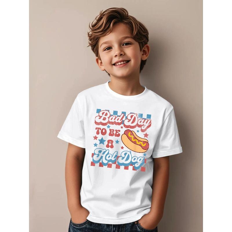 Boys Funny "Bad Day To Be A Hot Dog" BBQ Grilling 4th of July Graphic Crewneck Tee, Street Style Casual Short Sleeve Top
