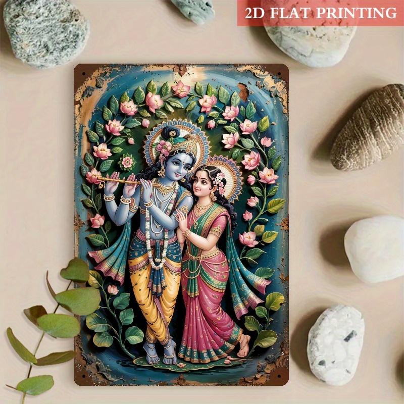 Krishna Radha Metal Wall Art    Iron Hindu Spiritual Decor with Vibrant  Printed Design Intricate Floral Patterns  D Visua 20x30cm（7.8x11.8inch）