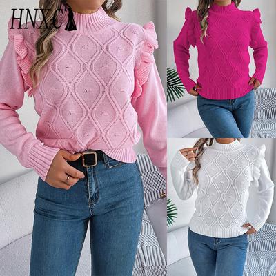 Autumn and Winter Solid-color Black Ear-trimmed Long-sleeved Stand-up Collar Pullover Sweater for Women