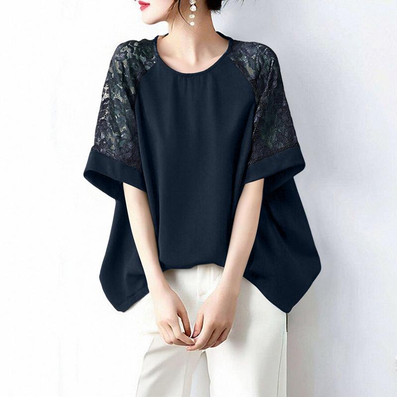 ZANZEA Damen Lässig Rundhals Spitze Einsatz 3/4 Ärmel Elegante Bluse