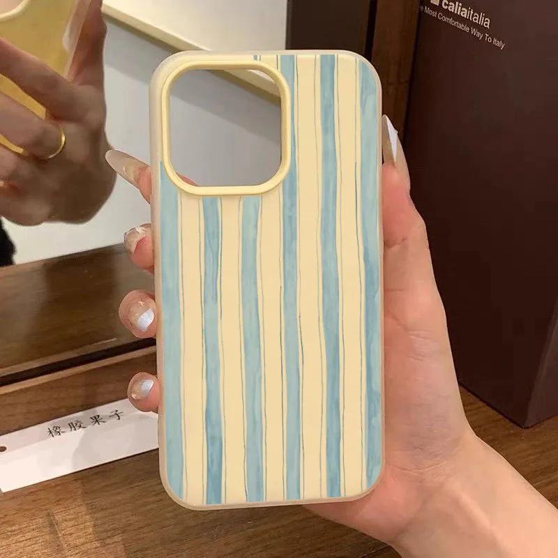Fresh Blue Striped Phone Case for iPhone 17 16 15 14 13 12 11 Pro Max XS X 7 8 Plus SE 2022 16E 2 In1 Creative Design Back Cover