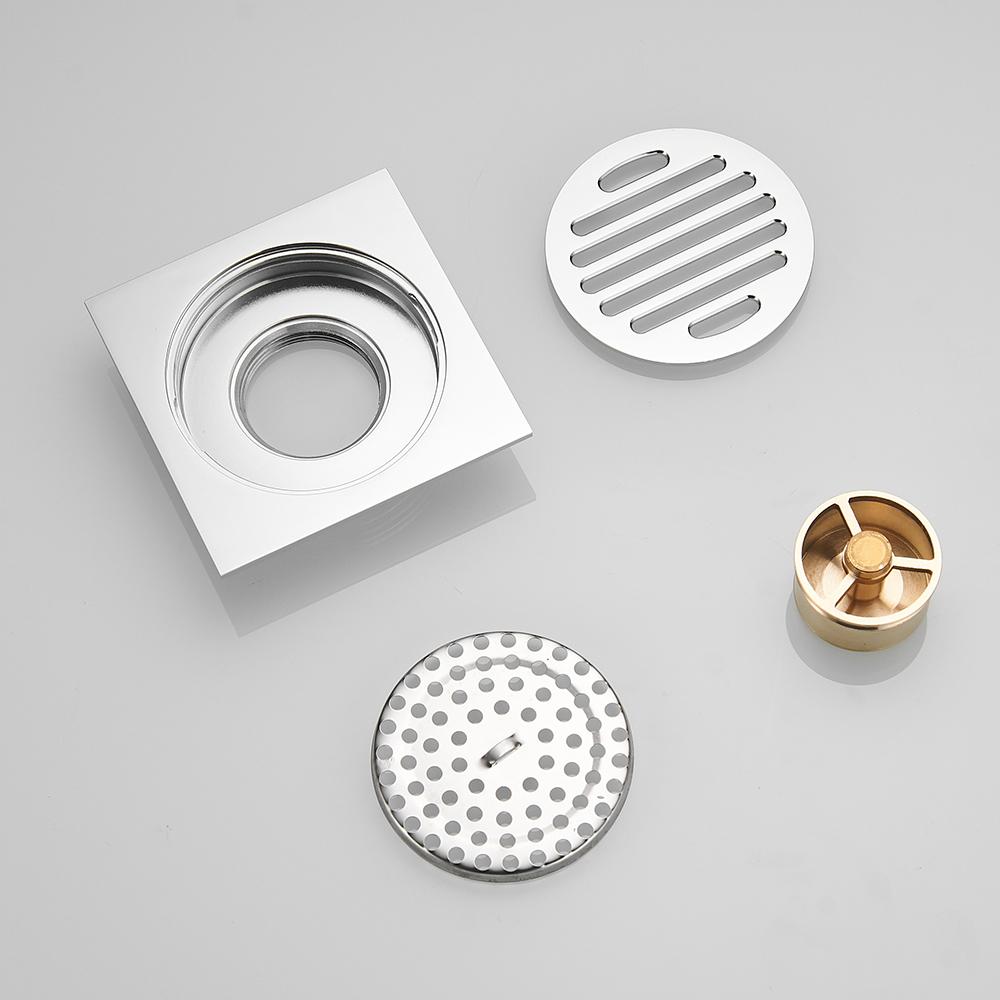 Shower Drains 10cm Square Brass Silver Bathroom Floor Drain Balcony Deodorant Bath Drain Strainer Cover Waste Grate WF-8107L