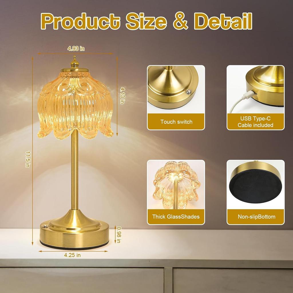 Cordless Table Lamp, Rechargeable Amber Glass Lotus Flower Lamp | 5200mAh touch lamp with 3 color modes and stepless dimming, battery operated lamp