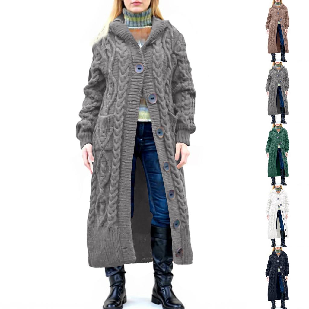 Women's Loose Button Pocket Cable Knitted Mid-length Coat