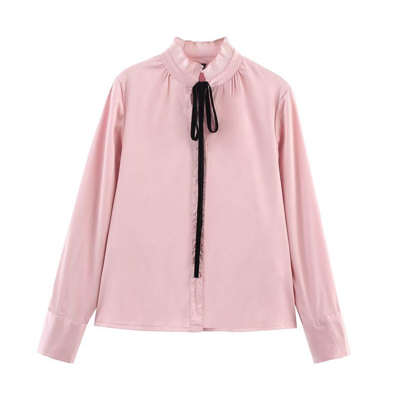 Kaslead New Arrival Women's Fashion Style Fashion Satin Chiffon Flounce Trim Lace Up Long Sleeves Shirt