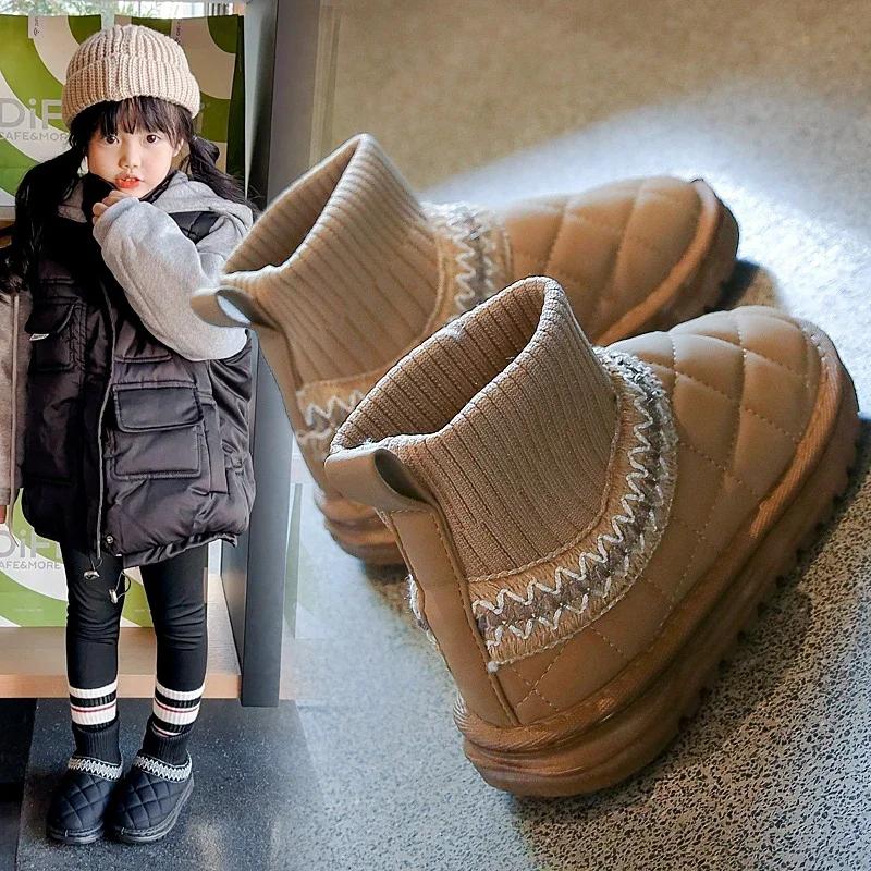 

Детские короткие зимние ботинки Износостойкие ботильоны с толстым мехом 2024 Зима Новые детские балетки Носки Обувь Нескользящие Размер 25-36 25 коричневый