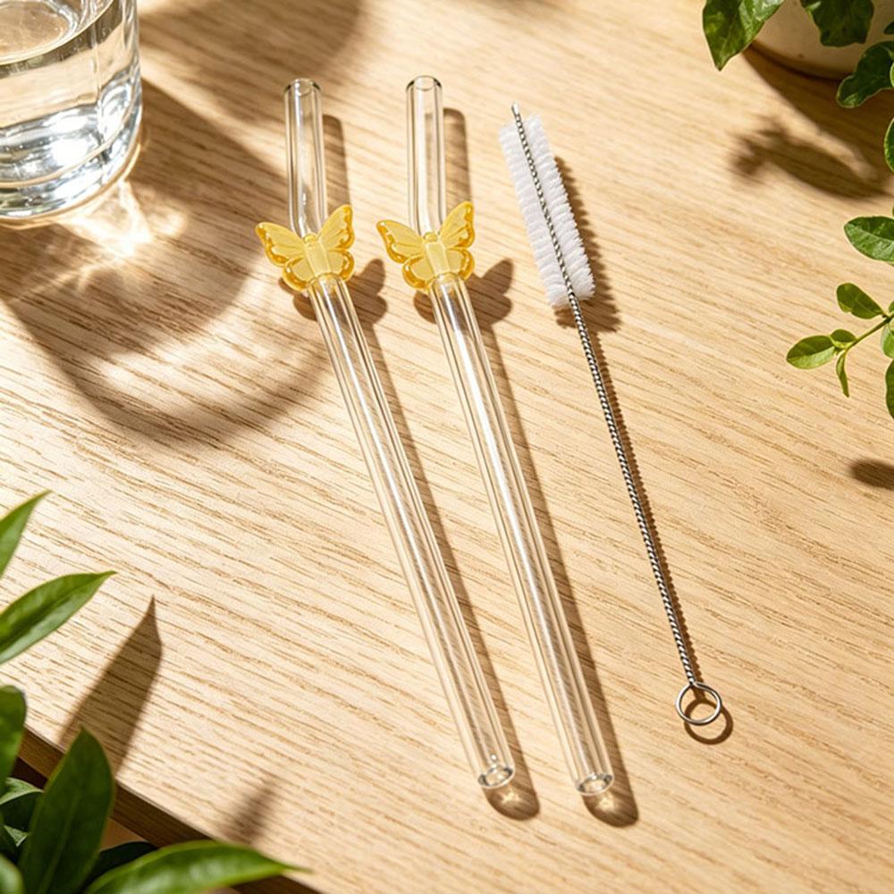 3Pcs Cute Butterfly Straw Reusable Glass Tube Durable Straws For Smoothie Cocktail Juice Smoothie Drinks
