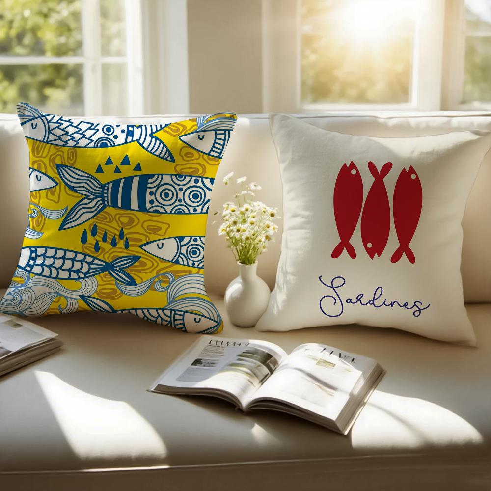 Cute Coastal Charm Sardines Art Design Cushion Cover Pillowcase Antidustmite Invisible Zipper Short Plush Sofa Cushion