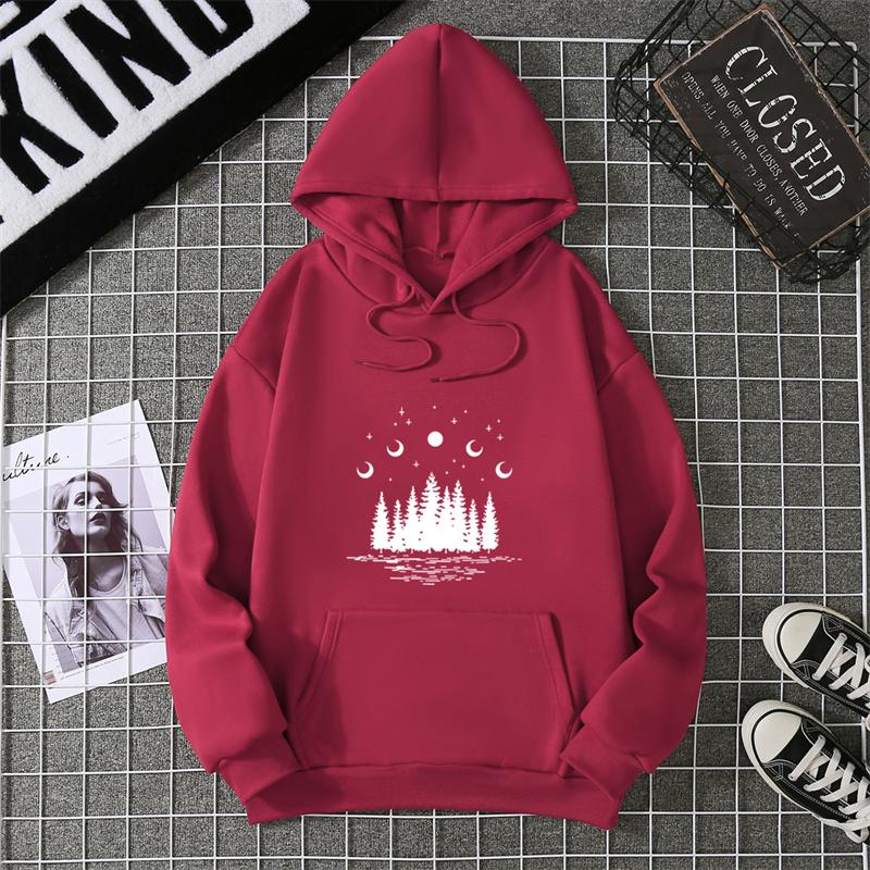Hooded Dark Forest Print Letter Universe Faith Harajuku Hooded Women Hoodie O-neck Long Sleeve White Tops Female Clothing