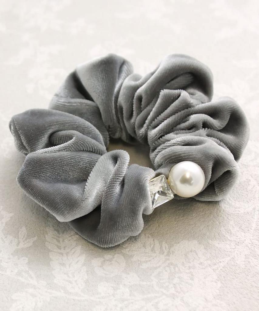 VINGTAINE Velvet with Stone and Pearl Simple and Elegant Hair Perfect for Adult Casual Scrunchie, Design, Accessory, Wear, Gift, HS-177-GY