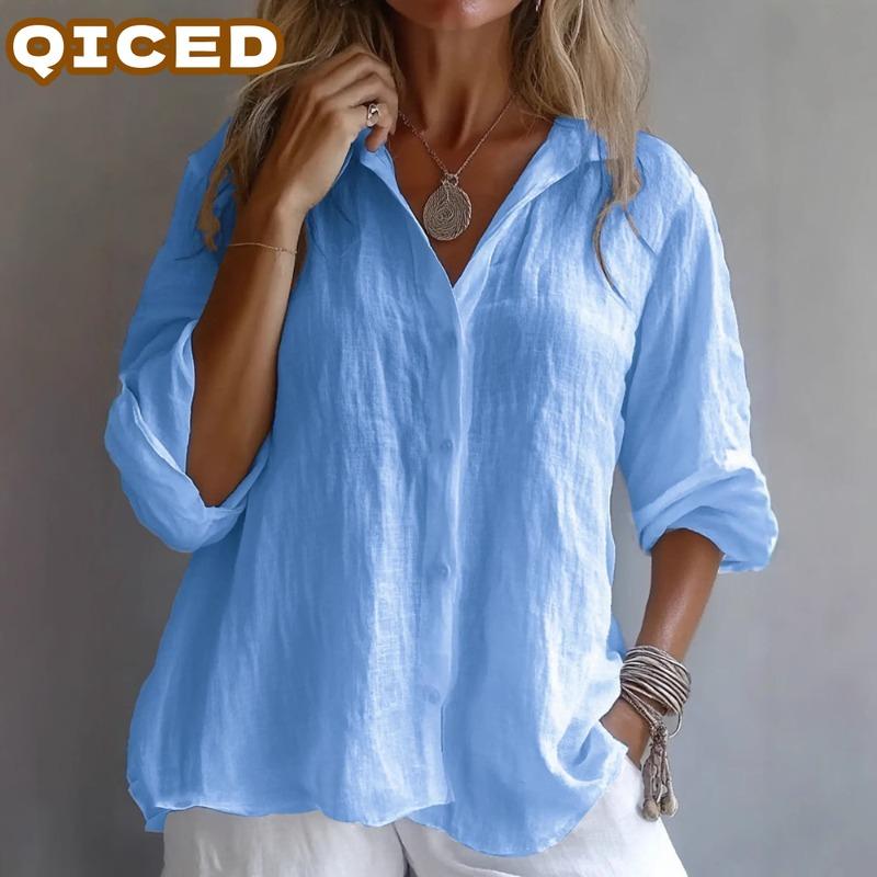 QICED Women's Fashion Casual Solid Color Print Long Sleeve V Neck Blouses & Shirts Unique Design