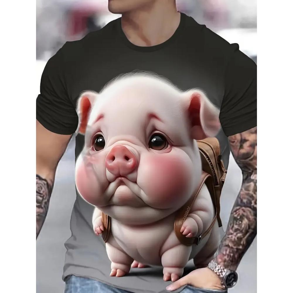 Herren Lustiges Schwein T-Shirt Niedliche Cartoon 3D Druck Kurzarm für Mann Rundhals T-Shirts Polyester Oberteile Outdoor Schnelltrocknend Herrenbekleidung