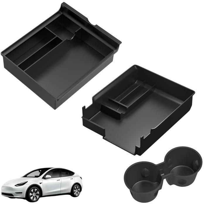 Car Organizer - Tesla - Model Y and Model 3 - Pack of 2 - Cup Holder - Black Plastic