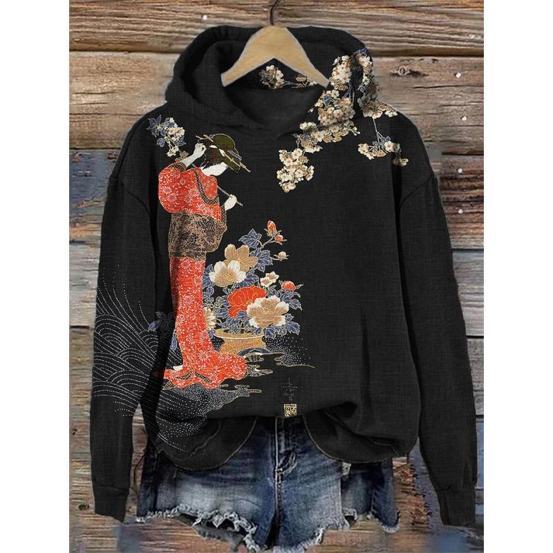 

Casual Shirt Trend Japanese Ethnic Style Cherry Blossom Art Print Loose Coat S