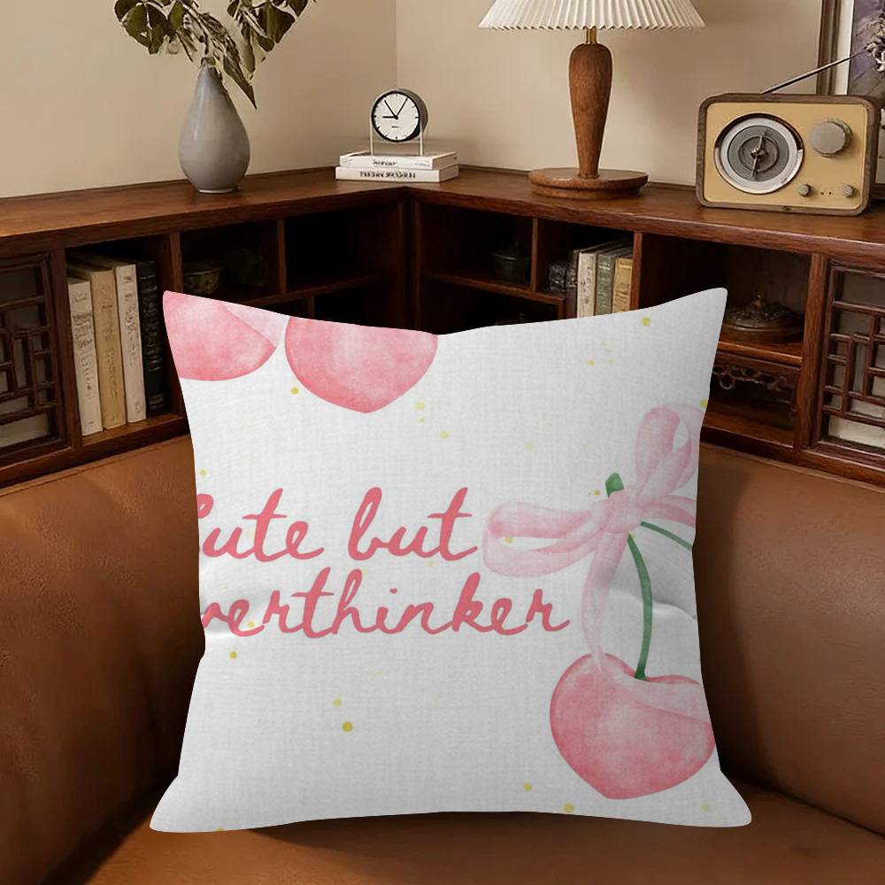 Art Pink Bow Cherry Lovely Kawaii Cushion Cover Inches Farmhouse Decor Home Throw Pillow Covers For Couch Decorations