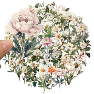 50PCS Transparent Vintage Floral Stickers Nature Plant Sticker Flower Scrapbook Decals for Crafts Envelopes Phone Cases Laptop
