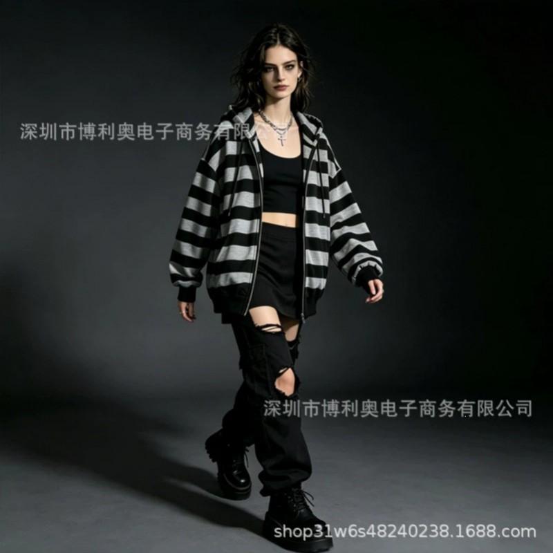 Y2K Millennium Stil Schwarz Grau Gestreifter Hoodie Damen Locker Reißverschluss Streetwear