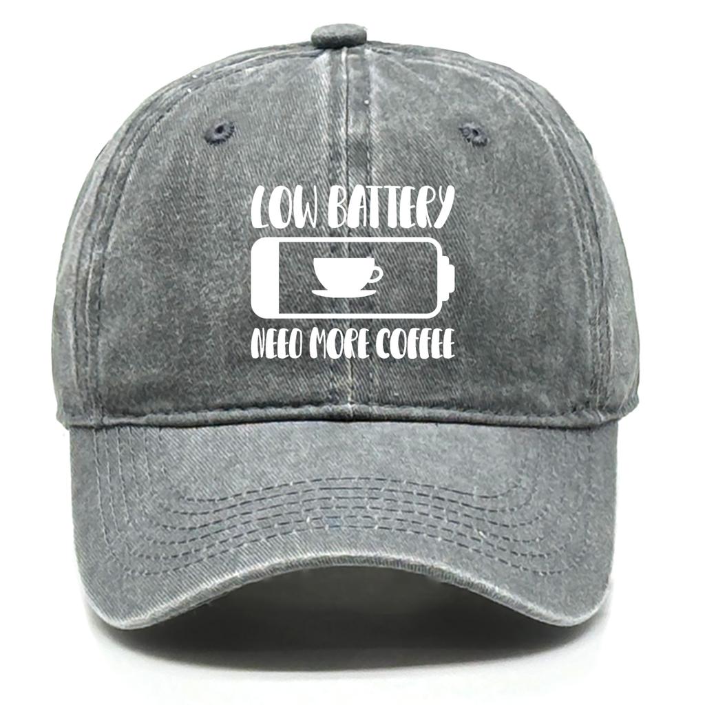 "Low Battery Need More Coffee" Print Adjustable Baseball Hat Washed Cotton Cap For Man Distressed Solid Snapback Baseball Cap