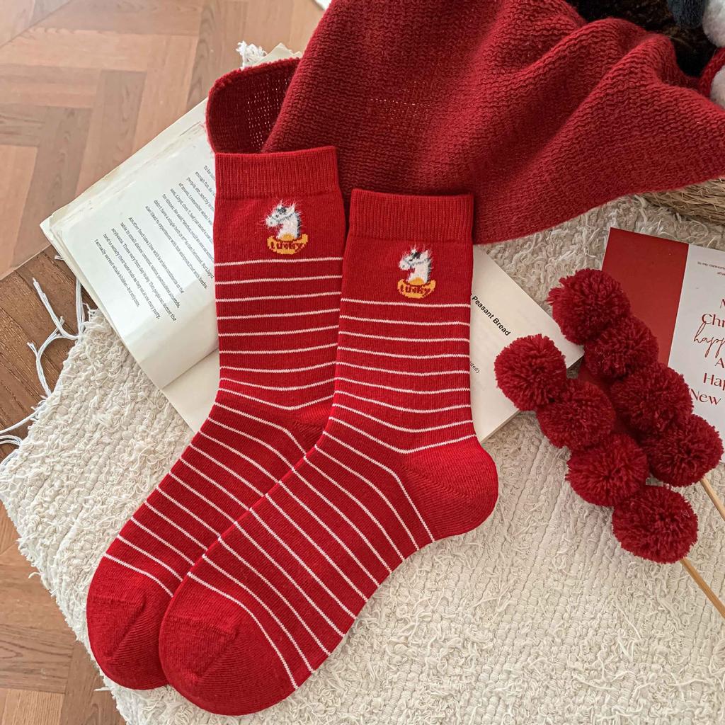 Red Socks New Year'S Wedding Gift Chinese Red Year Of The Horse Tube Socks Big Red Socks