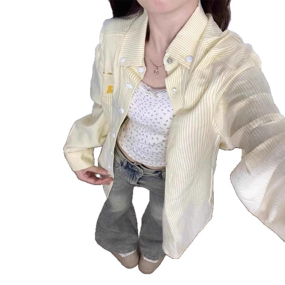 Women's American Retro Yellow Striped Polo Collar Shirt Jacket - Spring/Autumn Loose Casual Cardigan, Lazy Chic Style