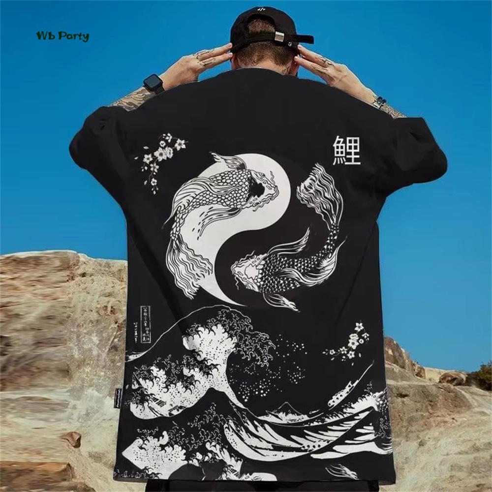 Japanese Ukiyo-E Men's T-Shirt Yin Yang Fish Printed Short Sleeve T-Shirt Oversized Casual Tops Summer Fashion Outdoor Clothing