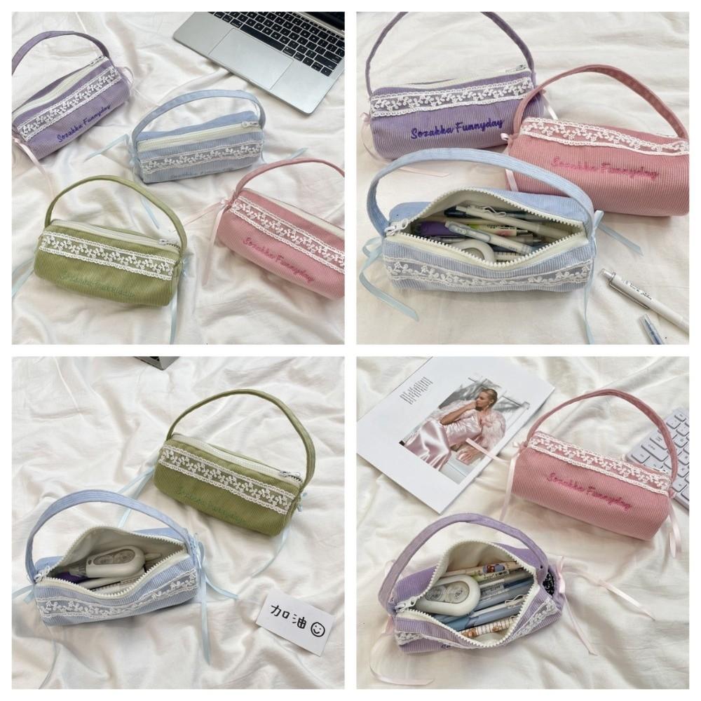 Bowknot Korean Style Pencil Case Lace Bow Pencil Pouch Handheld Stationery Bag Children