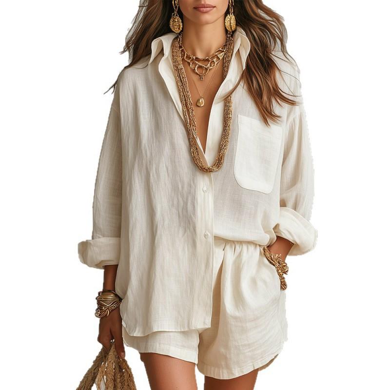 Lazy Shirt Set Fashionable Solid Color Shorts Two-piece Women