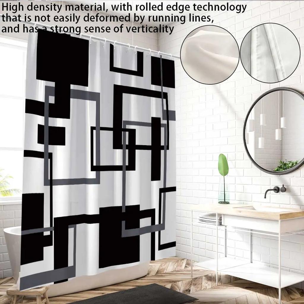 1pc Black and White Abstract Geometry Shower Curtain,with 12 Hooks,Machine Washable, for Shower Partition and Privacy Protecti