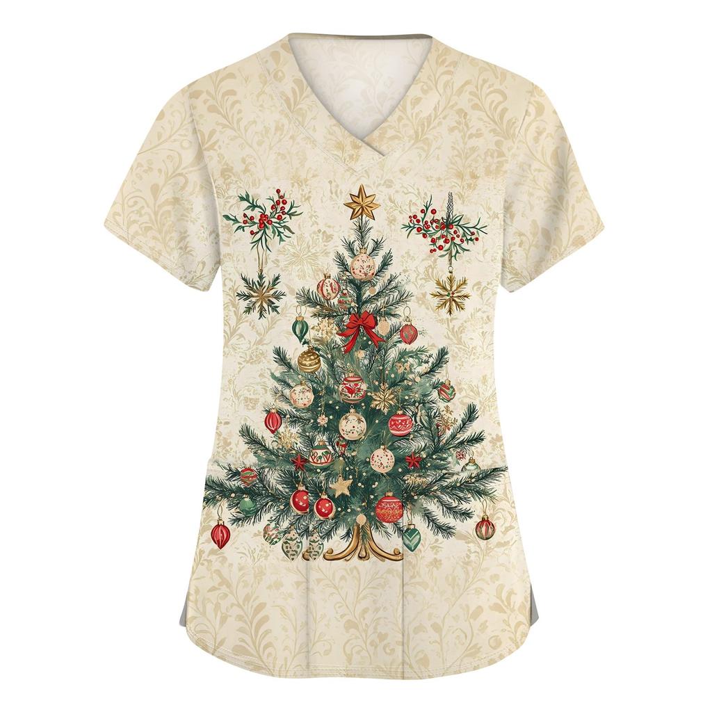 Women's Fashion V-neck Short Sleeve Workwear With Pockets Christmas Printed Tops
