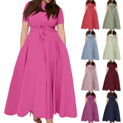 Vestido Casual de Moda para Mujer Talla Grande Color Cuello Redondo Manga Corta Bolsillo Tirantes Oscilante