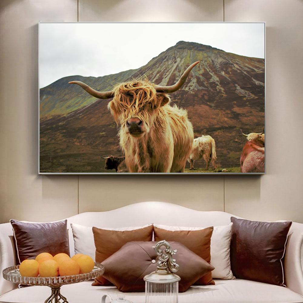 Amazing Portrait of Scottish Highland Cow Wall Pictures Canvas Painting Animal Posters Prints Living Room Home Decor