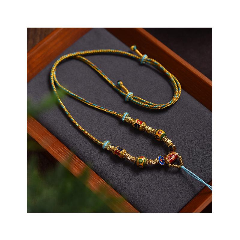 Tibetan Handmade Thangka Pendant Rope Necklace with Amber Charm