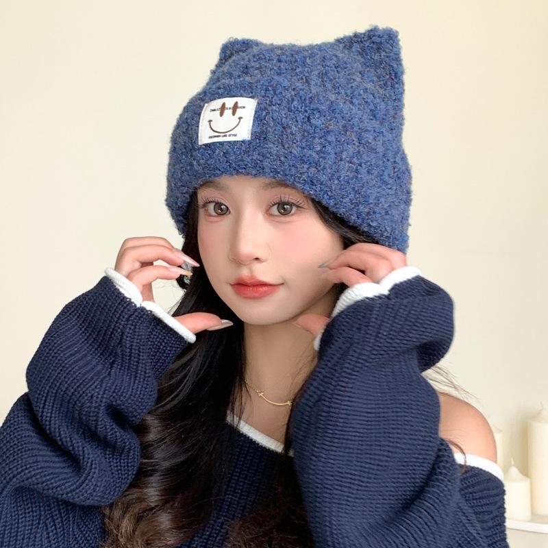 

Autumn and winter hats women s cat ears cute headgear big head circumference knitted wool hat plush thermal hat One Size