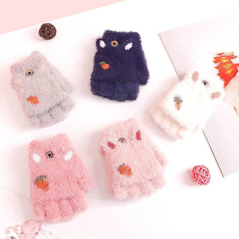 Cute Kids Gloves Winter Warm Faux Fur Knit Boy Girl Children Glove Cartoon Half Finger Flip Cover Outdoor Mittens 3-7Y