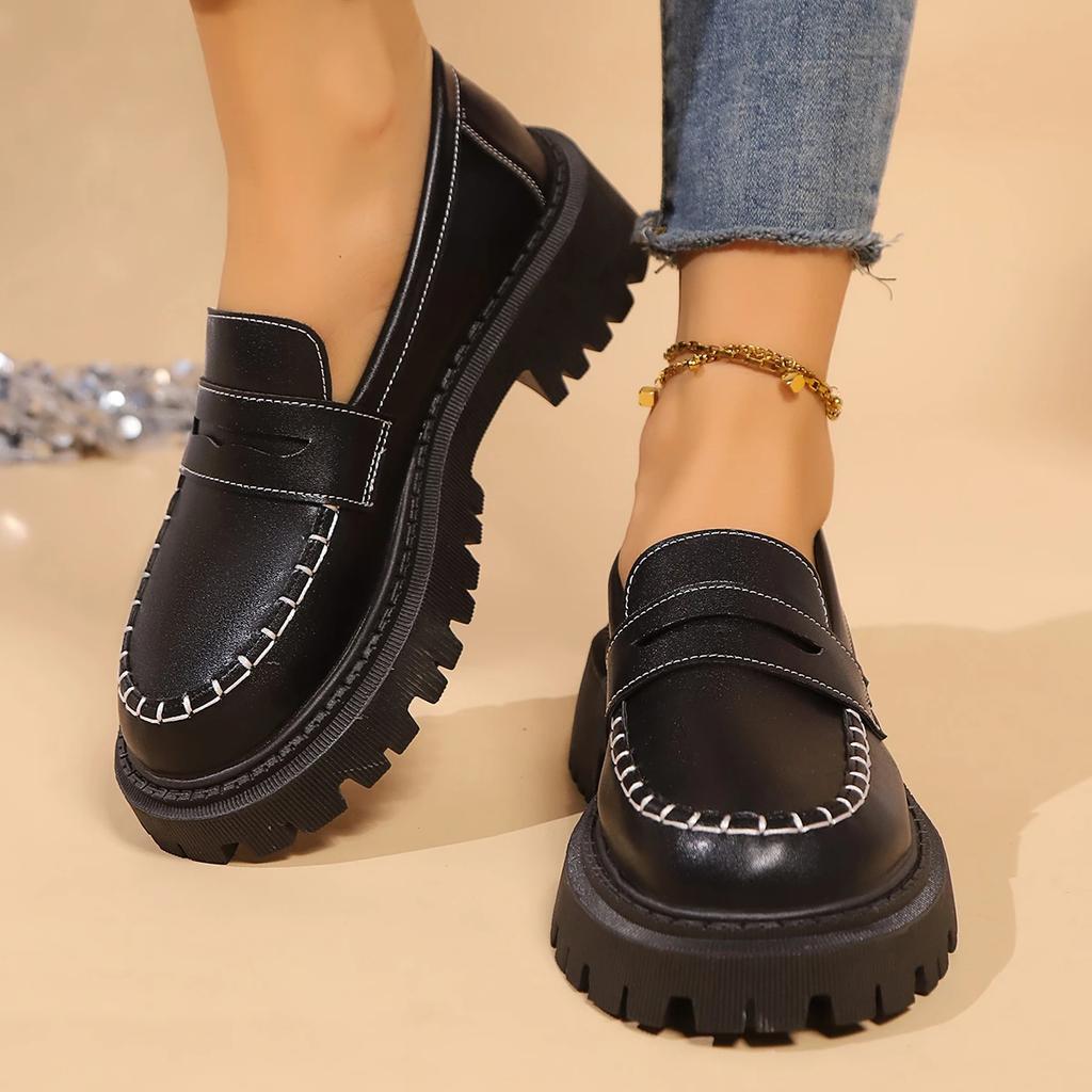 Fashion Women's Solid Color Platform Loafers Fashion Preppy Style Pu Leather Dress Shoes Woman Plus Size Comfortable Slip On Work Shoes