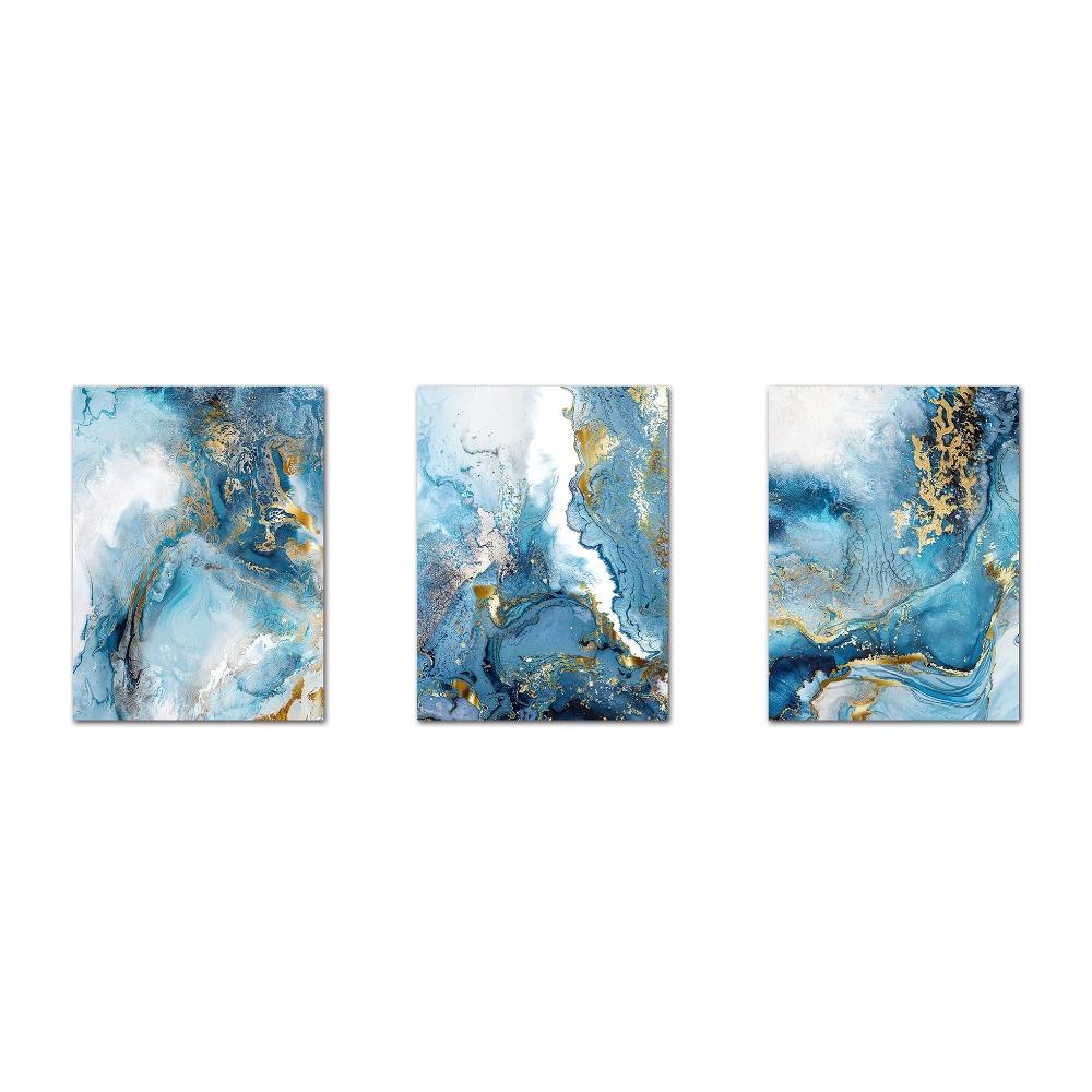 3 Pcs Gold Foil Blue Marble Texture Luxury Poster Prints Pictures Teal Watercolor Wall Art Canvas Painting for Modern Home Decor 21X30CMNo Framed