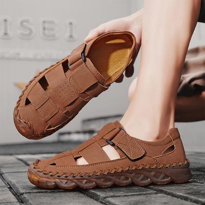 Men Outdoor Hiking Sandals Handmade Flats Brown Summer Roman Sandals Retro Wide Leather Beach Shoes Over Sized