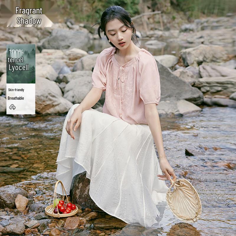 Xiangying Women s Tencel Pink Short Sleeve Round Neck Blouse L