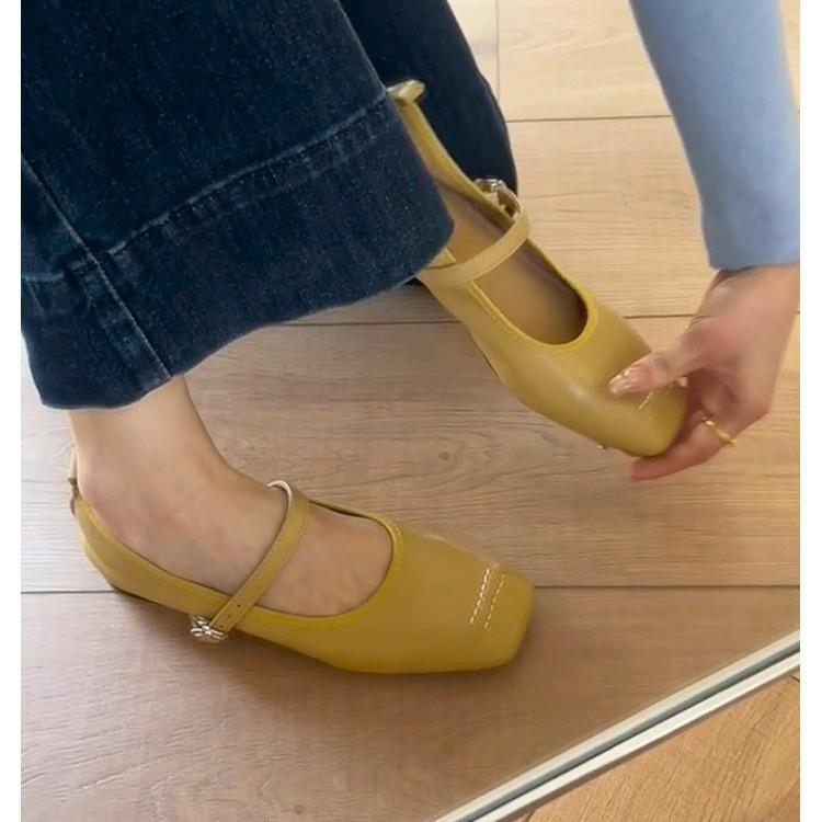 Square Head One-word Buckle with Mary Jane Shoes Women's New Soft Leather Yellow Retro Flat Shoes