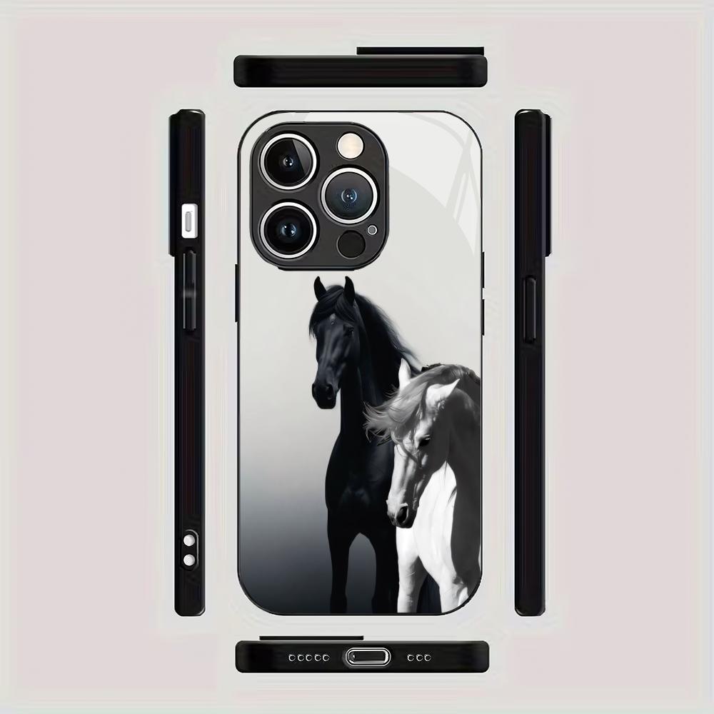 Horse Pattern Tempered Glass Phone Case Suitable for iPhone 17 16 15 14 13 12 11Pro/Max/Plus Anti Drop and Shockproof Back Cover