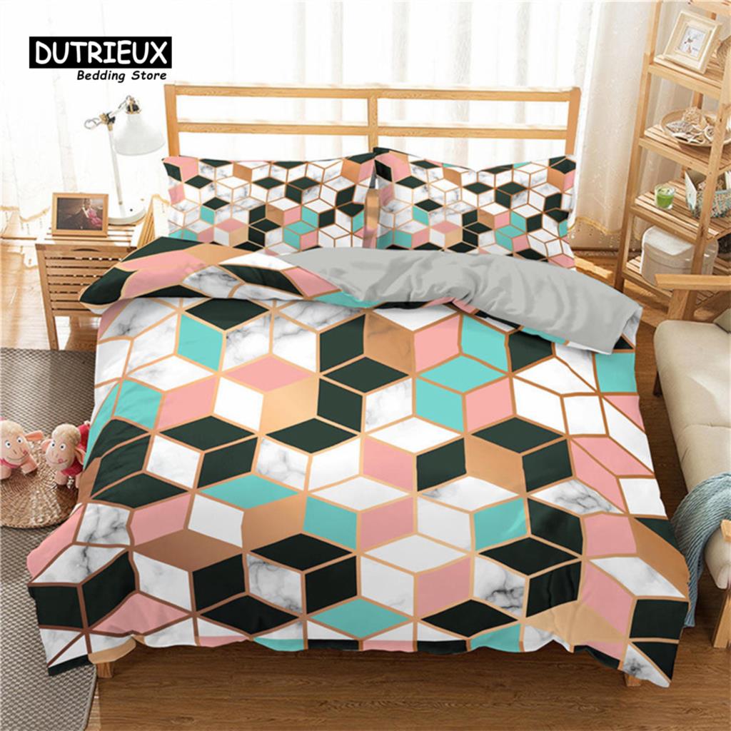 Geometric Bedding Set Microfiber Abstract Triangle Marble Pattern Print Duvet Cover With Pillowcases Teens Adults Bedroom Decor