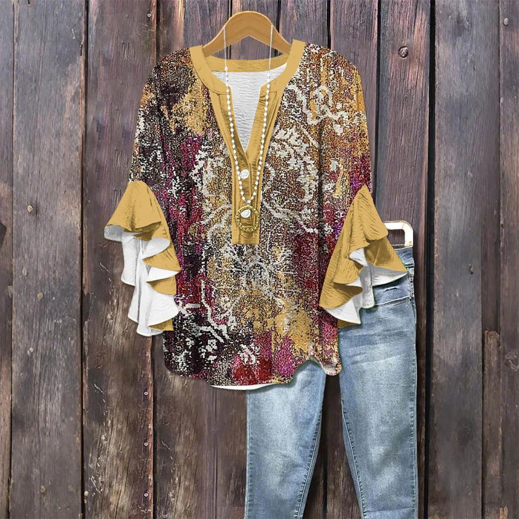 Women's Fashion Casual Button V-Neck Seven Sleeve Vintage Printed Shirt Top