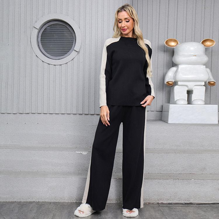 Womens 2 Piece Sweater Set Color Blocked Loose Knitted Pullover Top Wide Leg Pants Lounge Matching Sets Fall Winter Travel Outfits Sweatsuit for Women