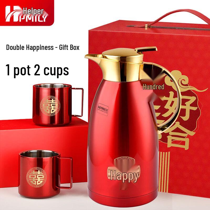 HPMILY 2.3L Wedding Red Stainless Steel Thermos & 2-Cup Gift Set