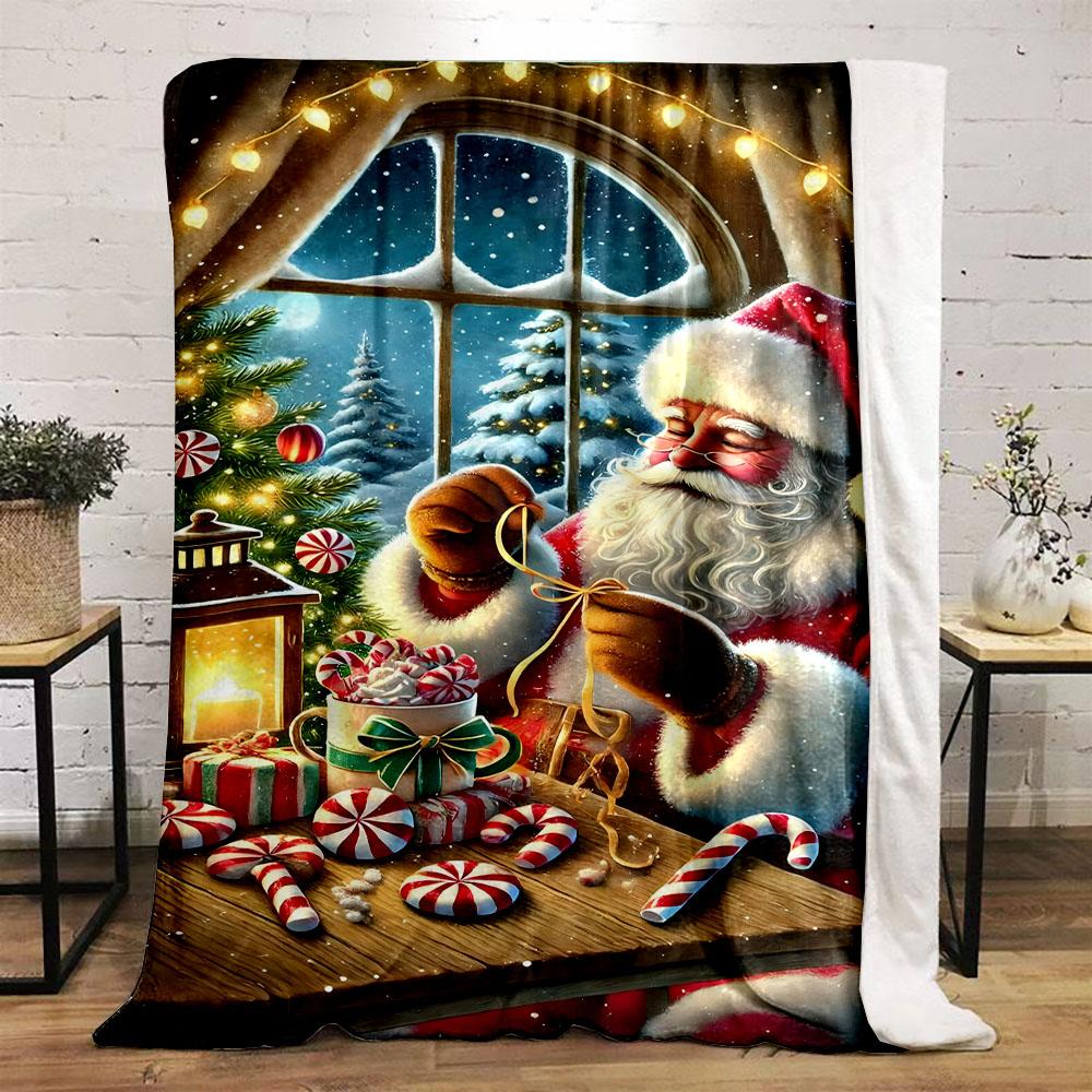 Santa's Cozy Christmas Candy Scene Patterned Flannel Blanket Perfect for the Bedroom Living Room, Sofa, or a Little Nap