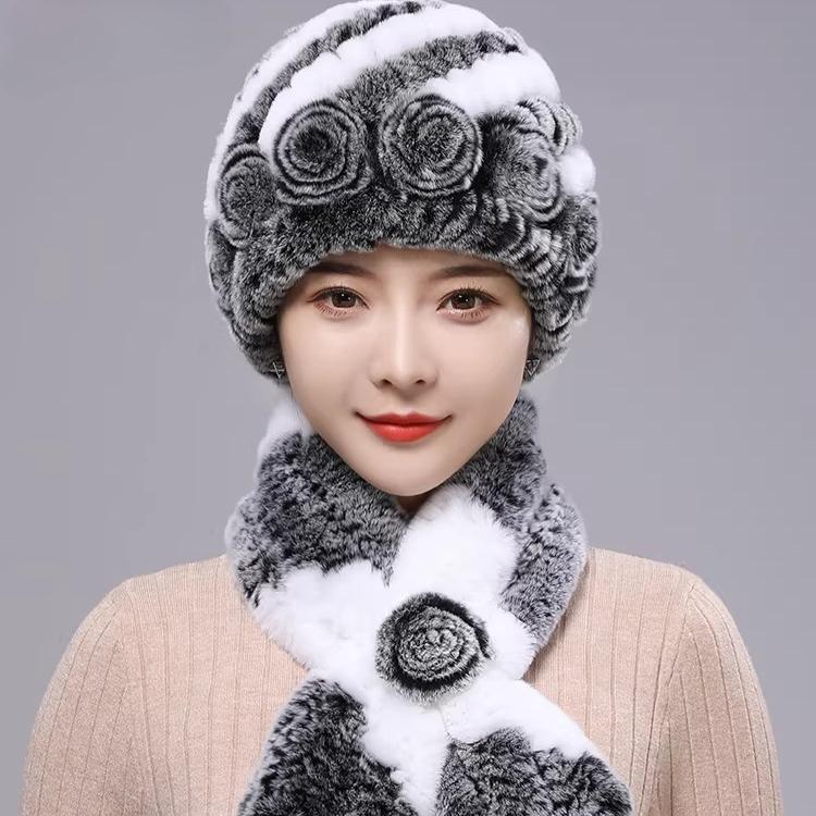 New Rex Rabbit Hair Hat Women's Winter Outdoor Scarf Set Warm Ear Protection Middle-aged and Elderly Fur Fashion