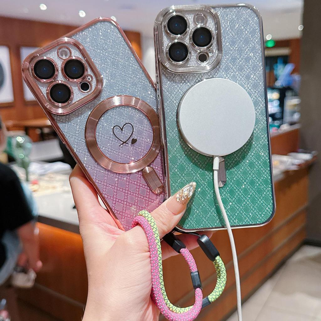 Lanyard Magnetic Gradient Color Glitter Bling Camera Lens Protect Bumper Phone Case For iPhone 17 Air 16 15 Pro Max Samsung S25 S24 Protective Cover