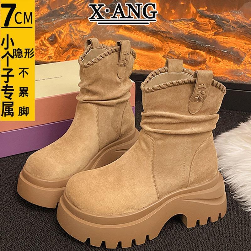 

cm heightened thick-soled small Martin boots women s stacked boots leather thick heel thin short boots women 40