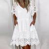 Spring Summer Women Floral V Neck Lace Short Sleeve Dress Fashion Trendy Casual Elegant