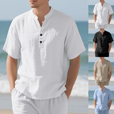 Summer European and American Men's Casual Loose Shirt Casual Stand-up Collar Button-down Linen Short Sleeves